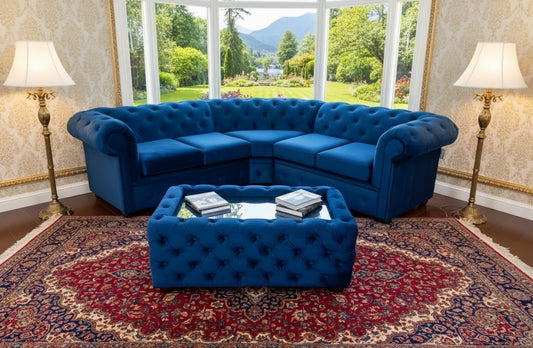 The Snuggle Royal Corner Sofa In Blue Plush Velvet Fabric