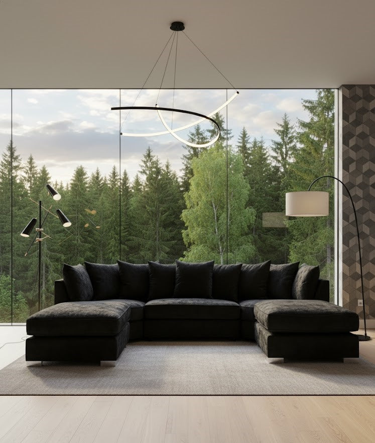 The Symmetry U-Shaped Modern Lounge Sofa In Plush Velvet Fabric