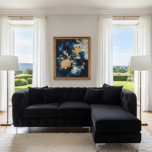 Harrington Luxury L-Shaped Sofa In Black Plush Velvet Fabric