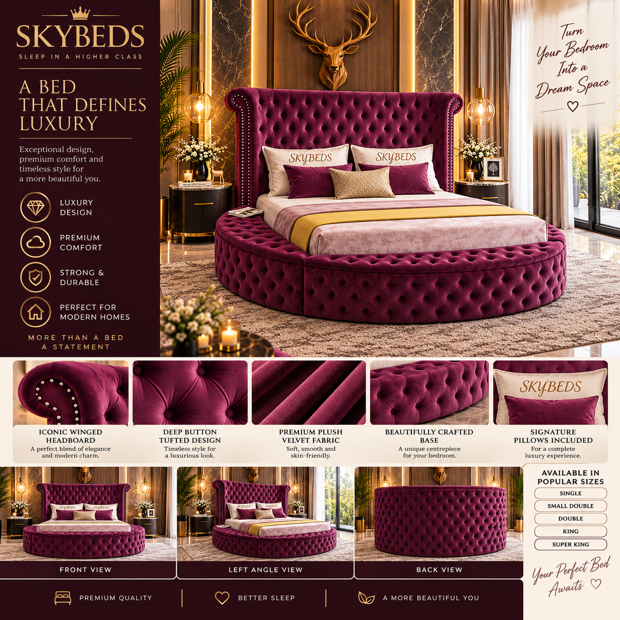 Rosavelle Chesterfield Luxury Majestic Round Velvet Statement Bed Frame