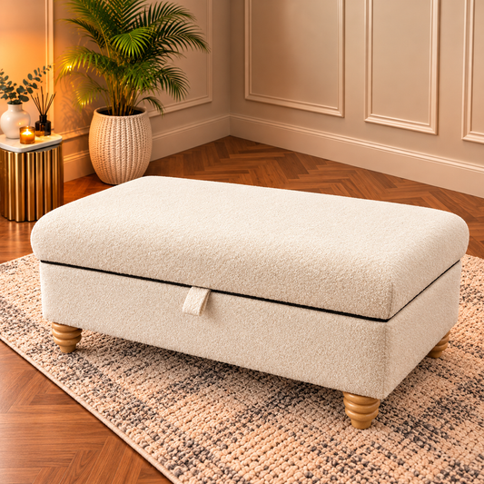 Luxury Handmade Teddy Boucle Storage Ottoman Footstool Coffee Table with Piping
