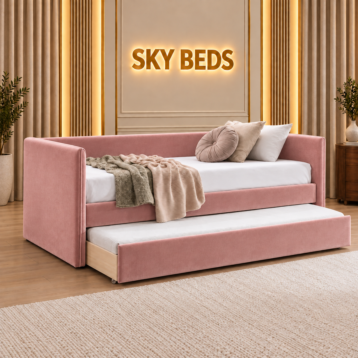 Prague Upholstered Guest Room Single Trundle Sofabed