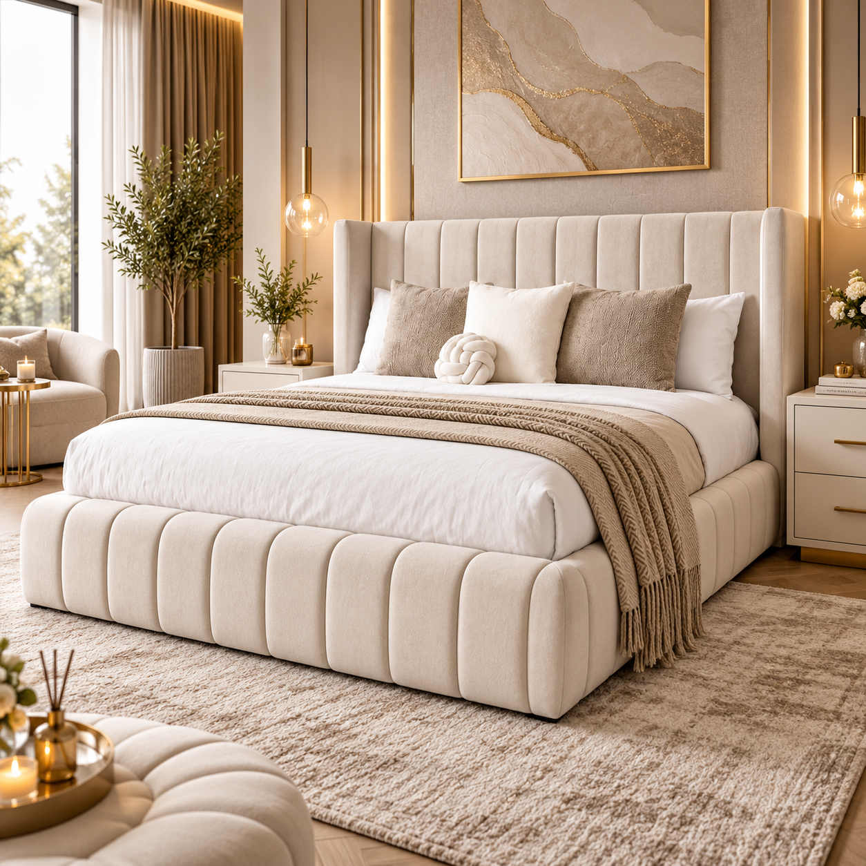 Elvarin Grand Panel Wingback Upholstered Bed Frame