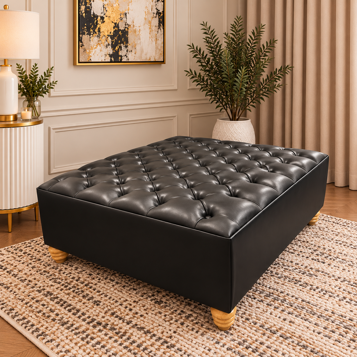 Handmade Chesterfield Leather Footstool Coffee Table – 17” High
