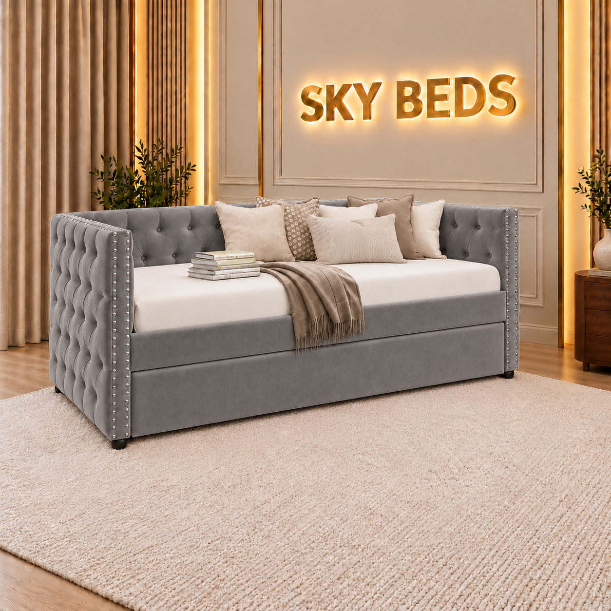 Bali Chesterfield Upholstered Guest Room Single Trundle Sofabed