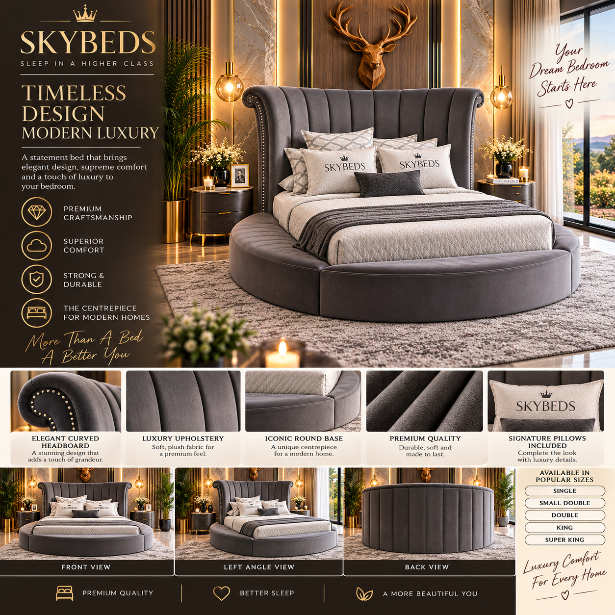 Cavello Prestige Round Luxury Vertical Panel Upholstered Bed Frame