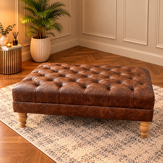 Handmade Chesterfield Faux Leather Footstool – Large Deep Buttoned Coffee Table Ottoman