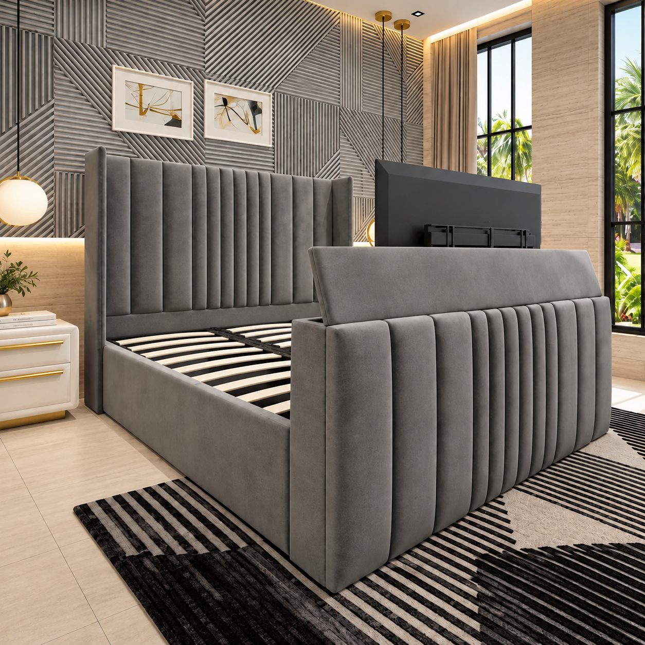 Manhattan Linestyle Upholstered TV Bed Frame