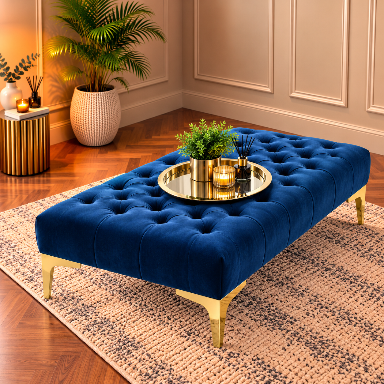 Luxury Handmade Chesterfield Deep Buttoned Velvet Footstool Coffee Table with Gold Legs