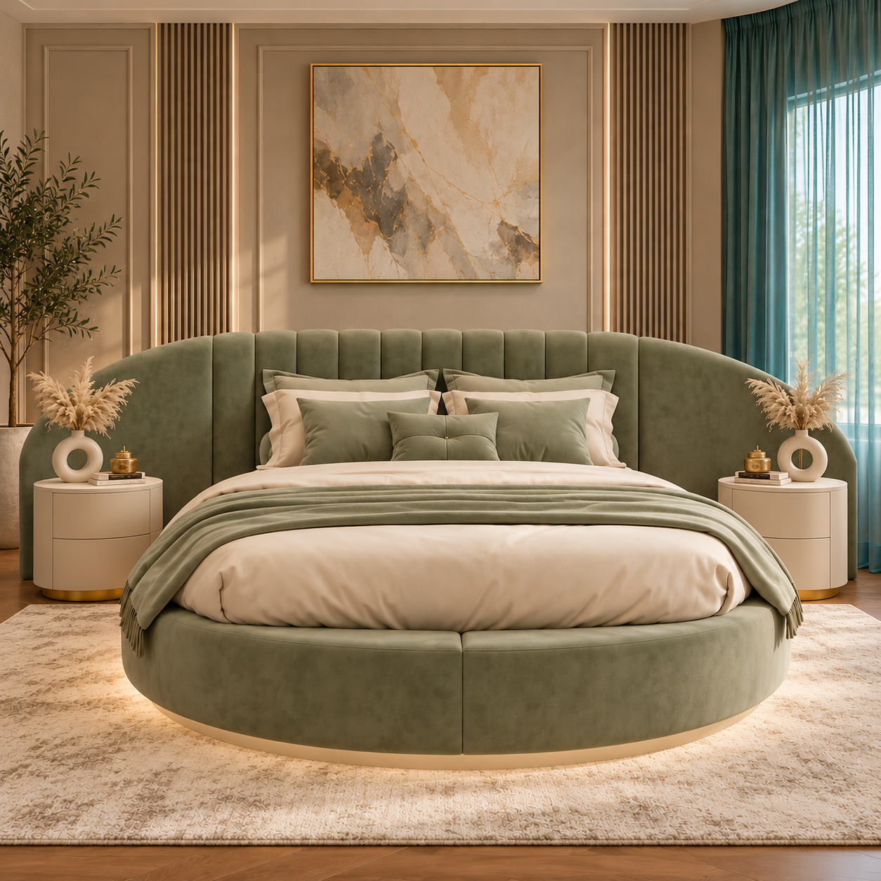 Olyndra Grand Curved Wingback Round Upholstered Bed Frame