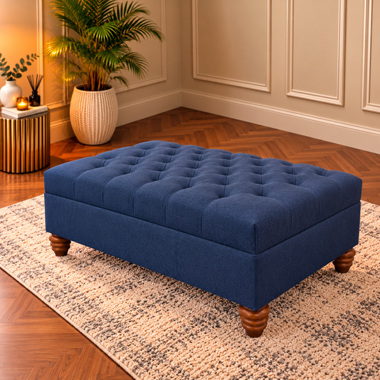 Handmade Chesterfield Large Linen Footstool – Deep Buttoned Upholstered Coffee Table Ottoman