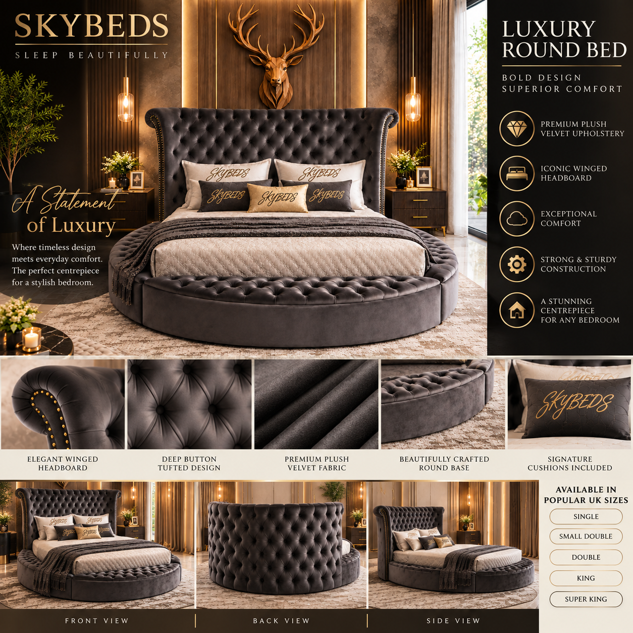 Virello Grand Circular Chesterfield Bed Frame | Luxury Upholstered Round Bed