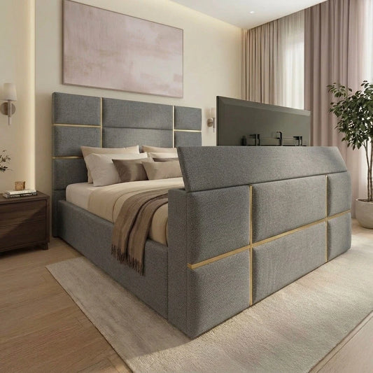 Pascal Cubed Upholstered Gold strip TV Bed Frame