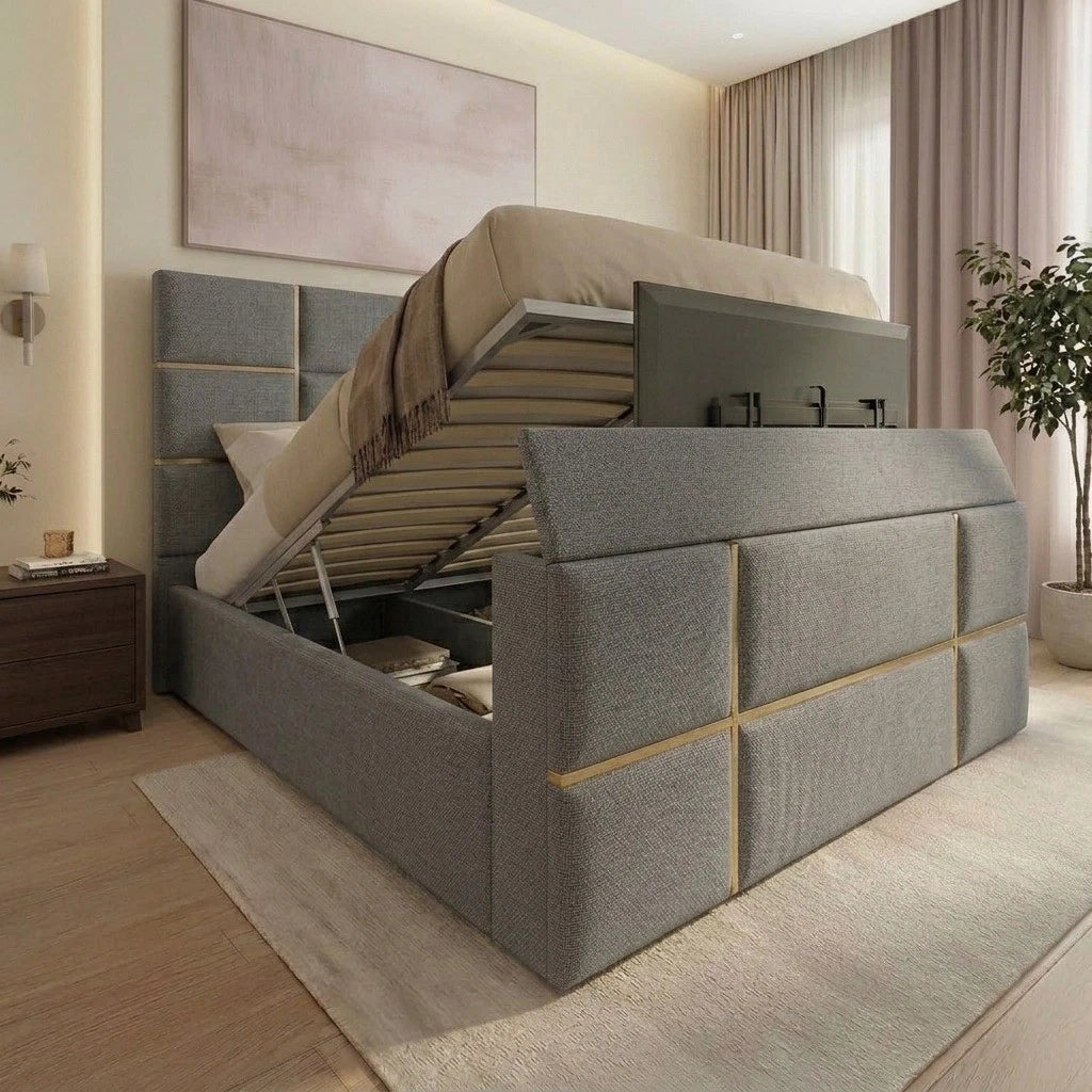 Pascal Cubed Upholstered Gold strip TV Bed Frame