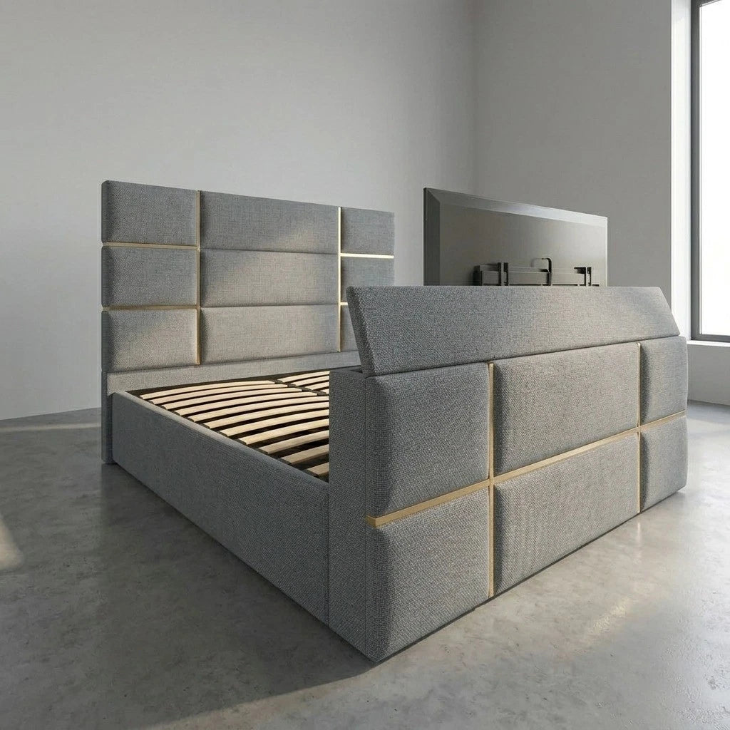 Pascal Cubed Upholstered Gold strip TV Bed Frame