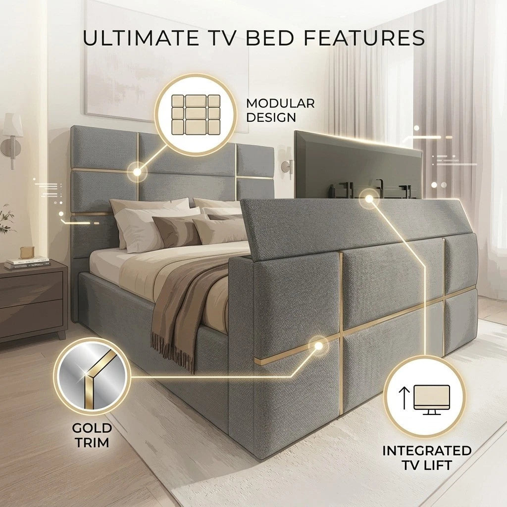 Pascal Cubed Upholstered Gold strip TV Bed Frame