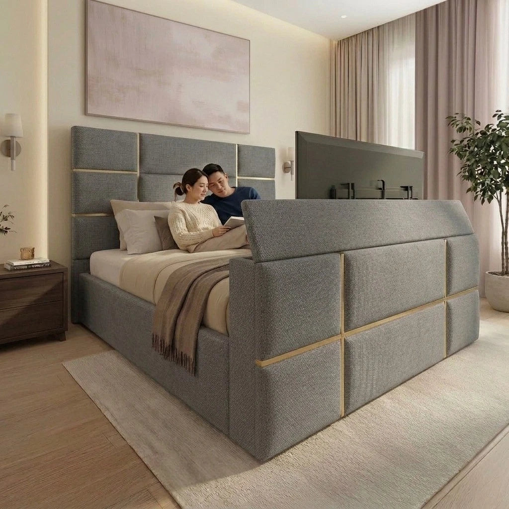 Pascal Cubed Upholstered Gold strip TV Bed Frame
