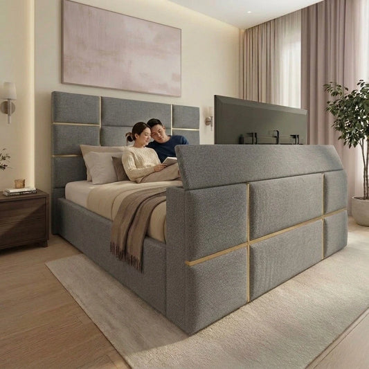 Pascal Cubed Upholstered Gold strip TV Bed Frame