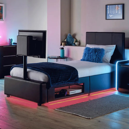 AVA Upholstered Leather TV Bed Frame Storage LED Lights 3ft 4ft 4ft6 5ft WHITE