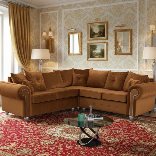 The Alpine Corner Lounge Sofa In Brown Plush Velvet Fabric
