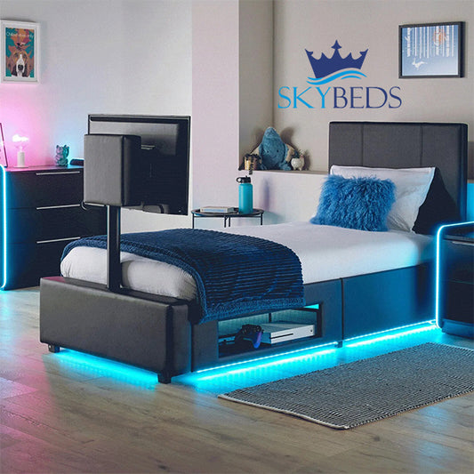 AVA Upholstered Leather TV Bed Frame Storage LED Lights 3ft 4ft 4ft6 5ft WHITE